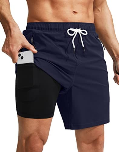 Viodia Men's Swim Trunks with Compression Liner Quick Dry Board Shorts Swimsuit Swimwear for Men with Zipper Pockets Navy - Image 1