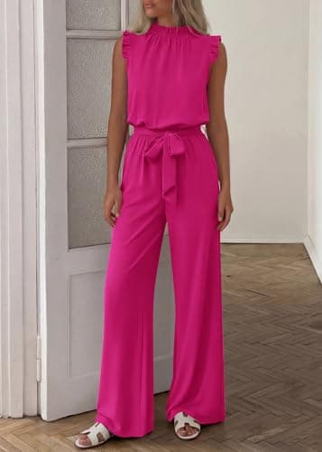 KIRUNDO Jumpsuits For Women Dressy Summer One Piece Sleeveless Ruffle Mock Neck Belt Pockets Formal Wide Leg Pants Romper(Rose Red, Large) - Thumbnail 2