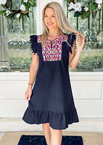 KIRUNDO Women's 2026 Summer Mini Dress Spring Casual V Neck Floral Embroidered Ruffle Sleeveless Shift Flowy Boho Dress (B-Navy, Medium) - Thumbnail 6