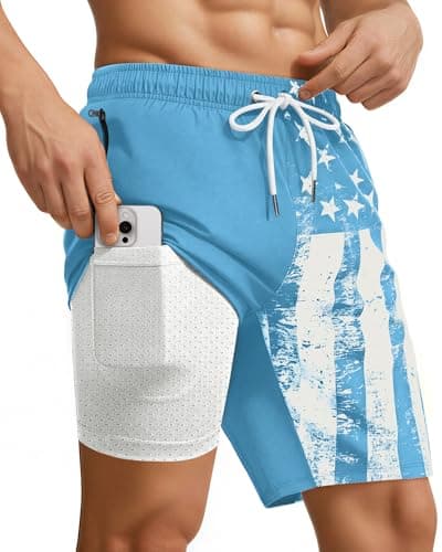 9 Inch 9in Men Swim Trunks Compression Liner Quick Dry Drawstring Male Swimwear Swimsuit Swimtrunks Boardshorts Bathing Suit Fair Beach Water Shorts Mesh Pocket Lined Inseam Harbor American - Image 1