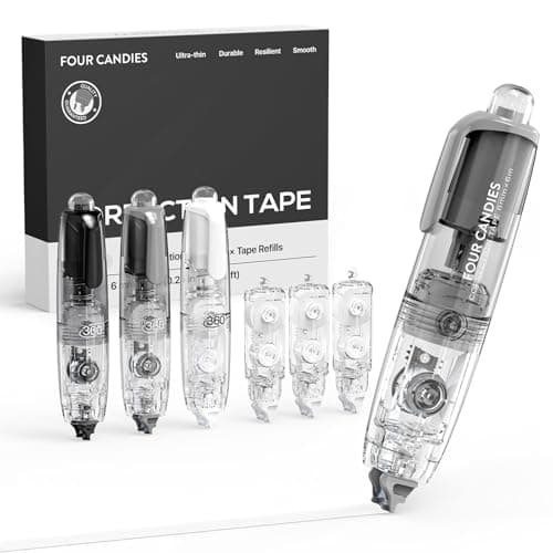 Four Candies Refillable Retractable White Correction Tape, 3PCS White Cute Smooth Push Pull Out Tape with 3 Extra Refills, Aesthetic Pen Shaped Applicator for School Office Supplies - Image 1