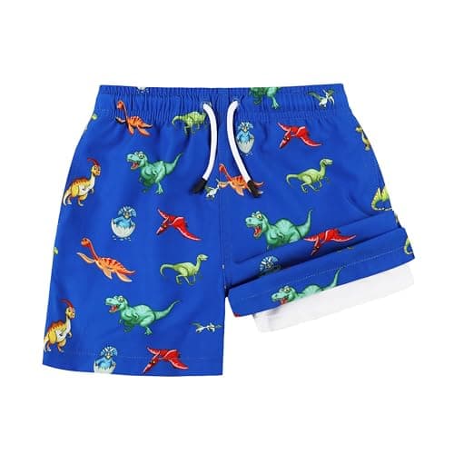 Toddler Kids Boys Swim Trunks with Compression Liner and Rash Guard Set Size 3T UPF 50+ Sun Protection Blue Orange Dinosaur - Thumbnail 3