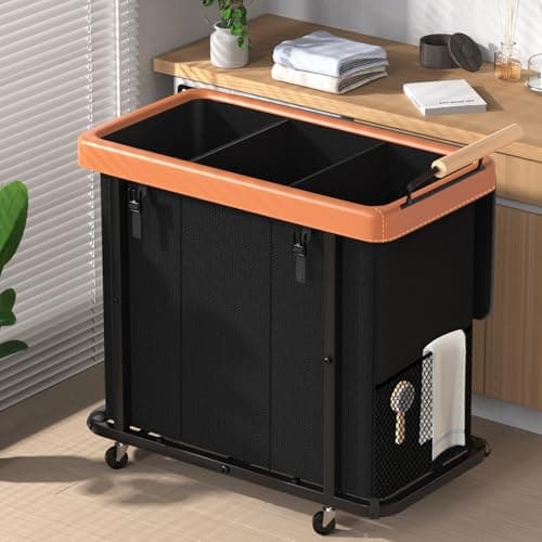 60 Gal (230L) Laundry Hamper 3 Section with Lid, Leather Patchwork Laundry Sorter with Rolling Lockable Wheels and Handle, Laundry Basket Organizer for Laundry Room, Bedroom and Bathroom - Black - Image 1