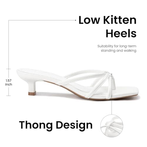 Athlefit White Kitten Heels for Women Strappy Flip Flop Low Heels Square Toe Comfortable Dressy Thong Sandals Size 8 - Thumbnail 4