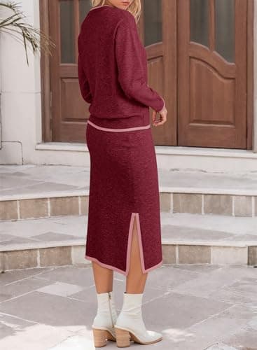 Dokotoo 2 Piece Sets for Women Sweater Dress Knit Travel Outfits 2 Pieces Set Womens Holiday Christmas Sweaters Winter Dresses Women's Skirts Set Fashion Red Sweater Dreses for Women 2025 Small - Thumbnail 2