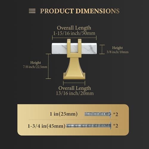 Haliwu 10 Pack White Marble Grain Cabinet Knobs, 2 Tone T-bar Gold Kitchen Handles, Solid Square Dresser and Drawer Pulls - Thumbnail 4