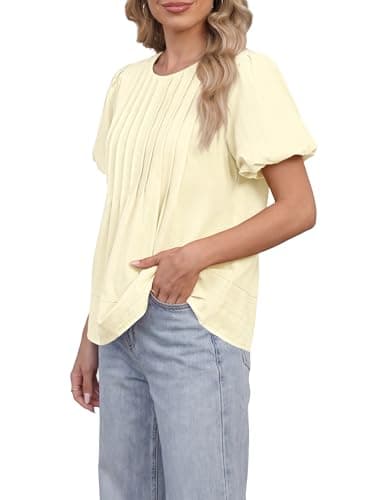 Funlingo Womens Summer Babydoll Tops Short Puff Sleeve Blouses Casual Loose Fit Flowy Crew Neck Pleated Shirts Fashion Clothing Beige XL - Thumbnail 4