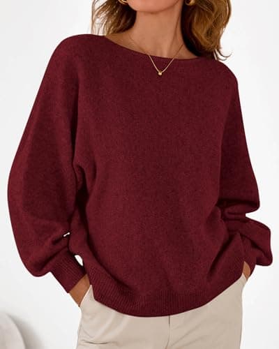 KIRUNDO Sweaters for Women Fall Winter 2026 Oversized Boat Neck Batwing Sleeve Knit Pullover Sweater Tops Fashion Clothing(Burgundy, Large) - Thumbnail 6
