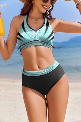 AI'MAGE Bikini Sets for Women High Waisted Two Piece Bathing Suit Tummy Control Swimsuits Halter Color Block Swimwear 2025 - Thumbnail 4