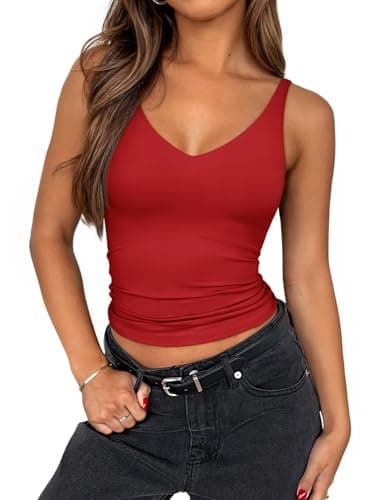 PINKMSTYLE Womens Crop Double Lined V Neck Tank Tops Fitted Basic Camisole Tops Sleeveless Y2K Tops Trendy Concert Outfits Red X-Small - Image 1