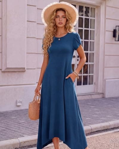 Pleneal Dresses for Women 2026 Casual Summer Maxi Dress Beach Sun Dress with Pockets Short Sleeve Long Vacation Dresses Navy - Thumbnail 2