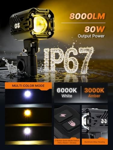Oumurs Motorcycle LED Fog Lights 80W Auxiliary Driving Spotlights White Amber Fog Lights Dual Color Strobe With Mount Brackets 8000LM Off Road Work Lights Compatible With Motorcycle ATV UTV Truck - Thumbnail 2