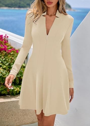 Lazysmile Fall Dresses for Women 2025 Long Sleeve V Neck Half Zip A Line Swing Casual Party Club Mini Short Dress Apricot - Thumbnail 6