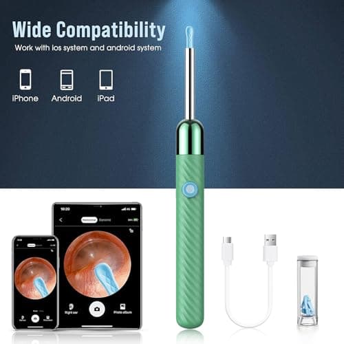 LEIPUT Ear Wax Removal - Earwax Remover Tool with 8 Pcs Ear Set - Ear Canal Cleaner with 1080P Camera - Ear Cleaning Kit with 6 Ear Spoon - Ear Camera for iOS & Android (Green) - Thumbnail 6