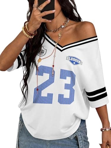 TAKEYAL Jersey Shirts for Women Oversized V Neck Graphic Tshirts Vintage Streetwear Summer Y2K Clothes X-Large White - Image 1