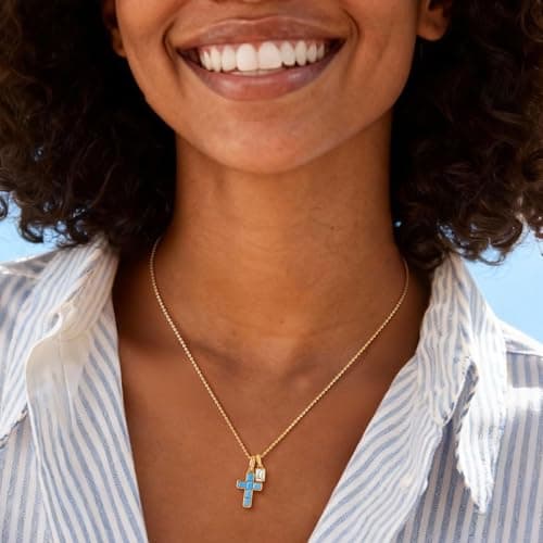 Fettero Cross Cross Necklace for Women - 14K Gold Plated Dainty Turquoise Cross Pendant Cute Simple Necklaces Non-Tarnish Faith Gold Necklace for Women Trendy Religious Jewelry Gift - Thumbnail 2