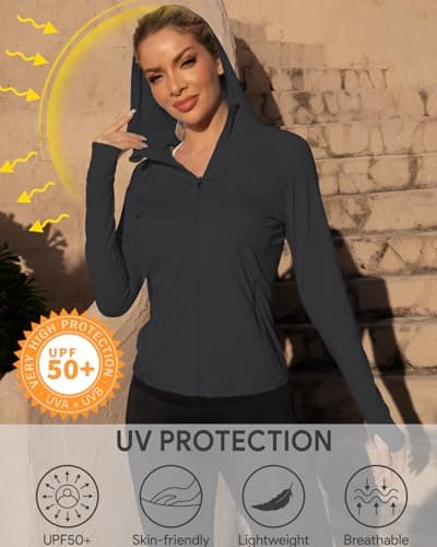 We1Fit Women's UPF 50+ Slim Fit Athletic Jacket Full Zip Hooded Sun Protection Running Shirts with Pockets Black - Thumbnail 4