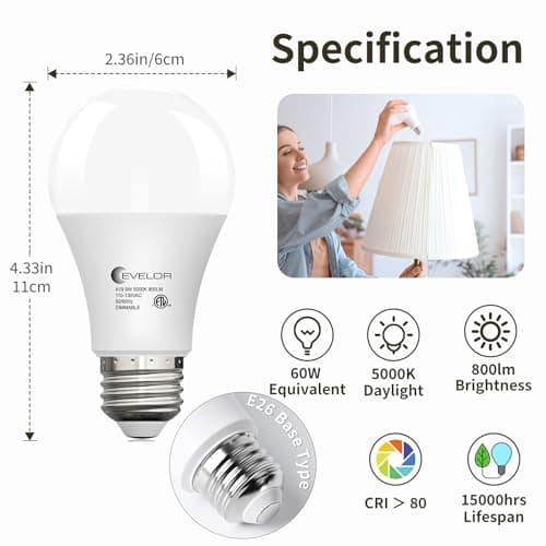 evelor 6-Packs A19 Dimmable LED Light Bulbs,60 Watt Equivalent Daylight 5000K with E26 Base,Efficient 9W,800 Lumens LED Bulbs,15000 Hours, Ideal for Bedroom Living Room - Thumbnail 2