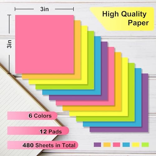 OHOME Sticky Notes - 12 Pads, 3”x3” - Colorful Self-Stick Post Notes Bulk - Office Desk Accessories | Teacher Classroom Must Haves,Aesthetic School Supplies for Home,Back to School Essential - Thumbnail 2