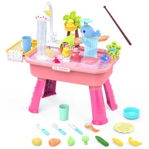 YUANNA 2026 Upgraded Water Table for Toddlers, Kids Sand Water Table with Pump, Play Sink with Running Water, Fishing Game and Outside Sensory Toys, Pink