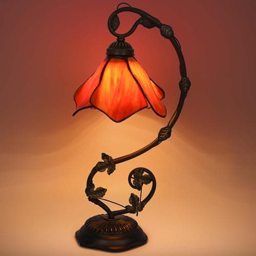 FILIUTF Stained Glass Table Lamp, Orange-Red Flower Style Metal Leaf Base Desk Reading Light, Adjustable 3 Color Temperature Decor for Bedroom Home Office - Thumbnail 4