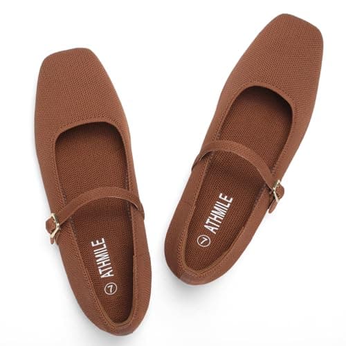 ATHMILE Square Toe Ballet Flats Mary Janes Shoes Women with Padded Heel & Adjustable Strap, Knit Slip-On Flats for Women for Office, Dressy & Casual, Machine Washable for Easy Care Brown Size 6 - Image 1