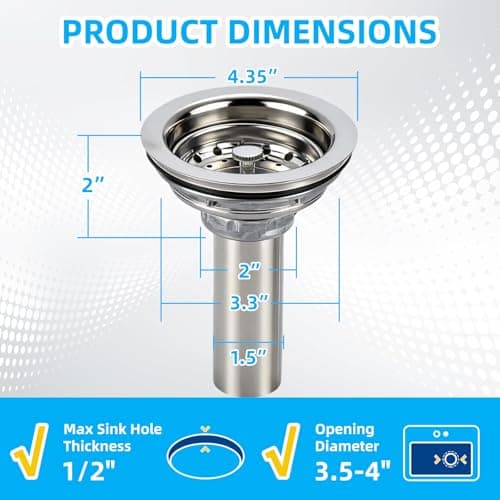 Kitchen Sink Drain Assembly, Stainless Steel Basket Strainer with Knob, 3-1/2 Inch Sink Drain Stopper Plug, Threaded Plastic Sink Strainer Tailpiece 1-1/2 in - Thumbnail 2