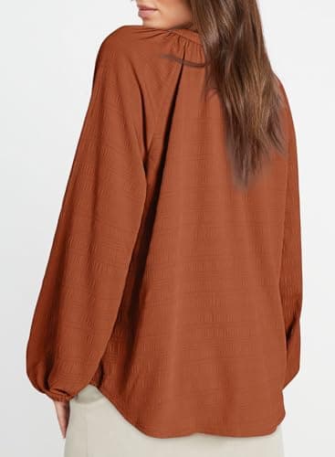 Dokotoo Women's Trendy Fashion Tops V Neck Flowy Button Down Brown Shirts Puff Long Sleeve Business Casual Textured Solid Blouses Spring Outfits XX-Large - Thumbnail 5
