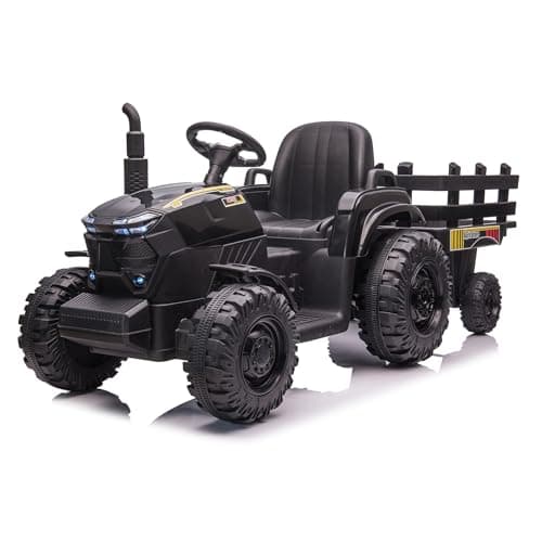 Garvee Kids Ride On Tractor with Trailer, 12V Electric Ride On Car with 35W Dual Motors, 3-Speed Gear Shift, LED Lights, Music & USB, Battery Powered Ride On Toy for Boys & Girls Ages 3+, Black