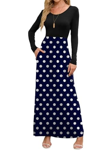 DEARCASE Long Sleeve Maxi Dresses for Women Blue Polka Dots Small Round Neck Boho A-line Casual Hawaiian Sundress Flowy Elegant Party Vacation Spring Summer Beach Long Sun Dresses with Pockets - Image 1