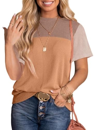 BLENCOT Womens Summer Tops 2025 Colorblock Round Neck Cute Women 2025 Fashion Loose Fit Spring Tops Business Blouses Work t-Shirts Camel Brown Medium - Image 1