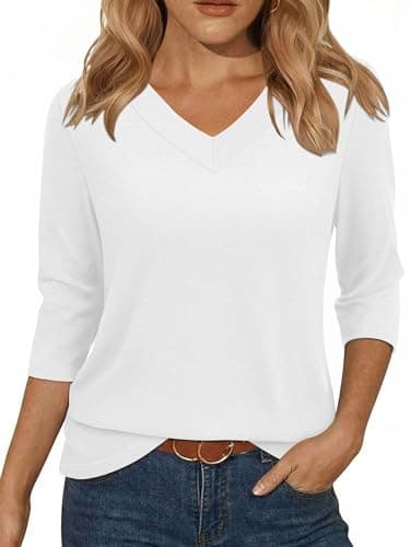 YESTTO Womens Tops 3/4 Sleeve V Neck Tunic Tops Casual Loose Fit Shirts Soft Lightweight Blouses Summer Dressy Basic Tees White - Image 1