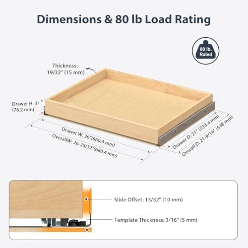Sylunawyn Pull Out Drawers for Cabinets - Birch Wood Pull-Out Drawer 26" W x 21" D - Soft Close Slide Out Shelves for Kitchen Cabinets & Pantry Cabinet Organizer, Heavy Duty, Full-Extension - Thumbnail 2