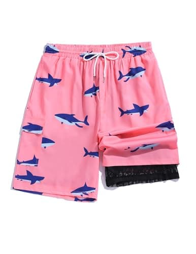 ZAFUL Mens Swim Trunks with Compression Liner Stretch Beach Shorts Quick Dry with Pockets Board Shorts Pink-Blue Shark XL - Image 1