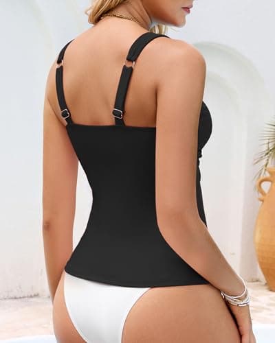 GRAPENT Tankini Swim Top Swimsuit Womens Swim Top Woman Tankini Swimsuit Women Swimsuits Ladies V Neck Padded Black Bathing Suit Tops for Beach Vacation Black X-Large Plus Size 16 to 18 - Thumbnail 2