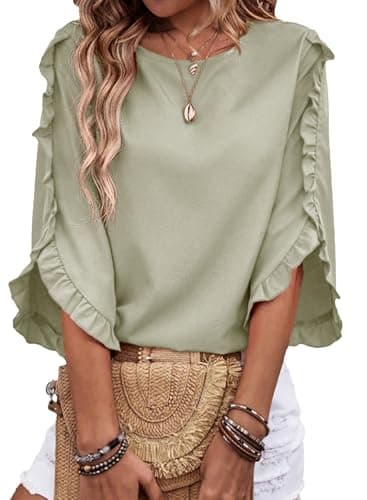 EVALESS 3/4 Length Sleeve Womens Tops Dressy Casual Blouses Trendy Crewneck Ruffle Sleeve Shirts Fashion 2026 Spring Summer Clothes Business Office Work Tops Green Large - Image 1