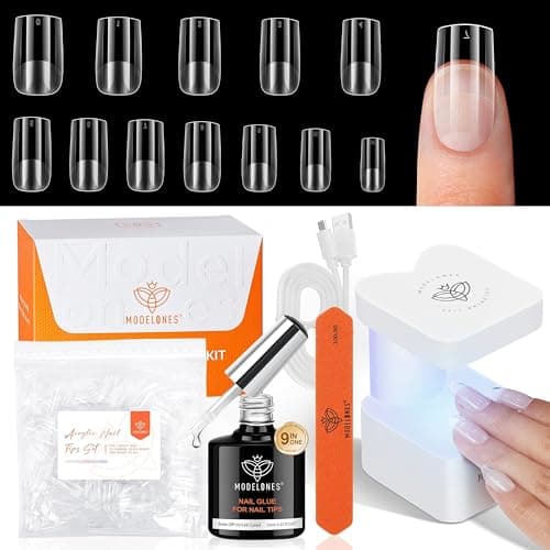 modelones X Nail Gel Kit Kit Short Square, 9-in-One Nail Glue with Portable U V Lamp 216Pcs 12Sizes Pre-Etched Press ons Fake Acrylic Extension Kit DIY Salon Gift for Women - Image 1