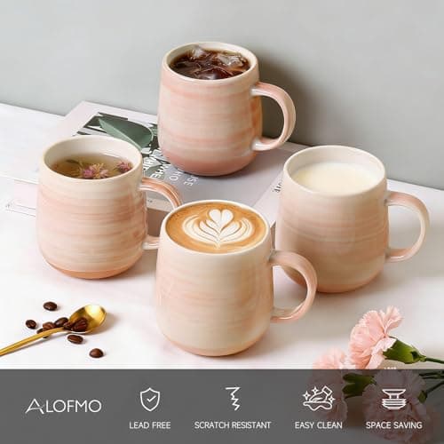 ALOFMO Coffee Mugs, Set of 4, Light Orange Ceramic Coffee Cups with Elegant Texture & Comfortable Handle, 12oz Stoneware Mugs - Dishwasher & Microwave Safe, Design for Home, Office, Cafe - Thumbnail 4