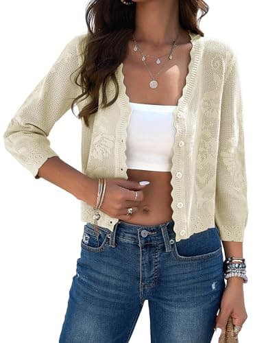 Kate Kasin Women Lightweight Summer Cardigan Sweater Cropped Crochet Shrug 3/4 Sleeve Cardigans for Dress Light Pistachio XL - Image 1