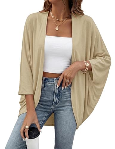 BB&KK Lightweight Cotton Fall Kimono Cardigans for Women Tops Solid Colors Boho 3/4 Batwing Khaki Large - Image 1