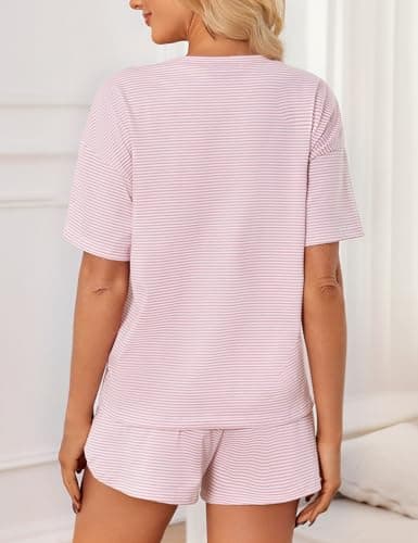 JUSTFASHIONNOW Shorts Pajama Set for Women Two Piece Lounge Set Striped Print Crew Neck Loungewear Short Sleeve Tee and Side Split Shorts Set Summer Outfits Cute Pj Sets Pink XL - Thumbnail 4