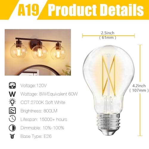 DAYBETTER 24 Pack A19 Vintage LED Edison Bulbs, 60W Equivalent Dimmable LED Bulbs, High Brightness 2700K Warm White, 800 Lumens, 8W E26 Standard Base, CRI80+, Clear Glass Filament Bulb for Living Room - Thumbnail 2