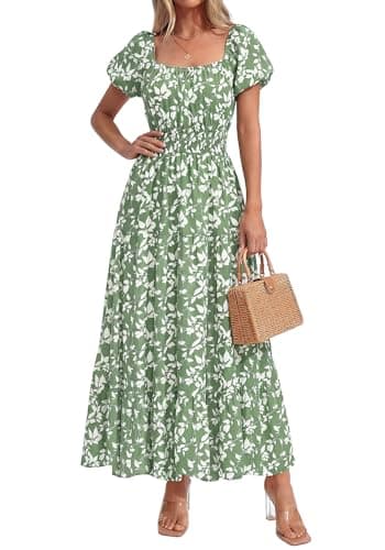 BTFBM Summer Dress for Women 2026 Spring Floral Short Sleeve Casual Flowy A-Line Smocked Tiered Maxi Dresses Pockets(Floral Green White, Medium) - Thumbnail 2