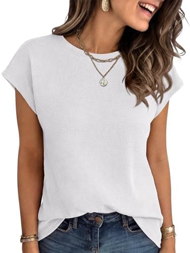 ANRABESS Womens Waffle Knit Cap Sleeve T Shirts Summer Casual Tops Basic Tee Work Blouses 2026 Spring Vacation Clothes White Large - Image 1