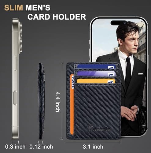Travelambo Slim Wallet Front Pocket Minimalist Leather RFID Blocking Medium Size (Carbon Fiber Black) - Thumbnail 6