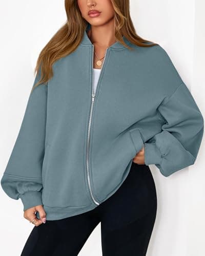 KIRUNDO Oversized Sweatshirt for Women Zip Up Bomber Jacket 2026 Fall Fashion Casual Long Sleeve Outerwear Winter Outfits(Grey Blue, Small) - Thumbnail 5