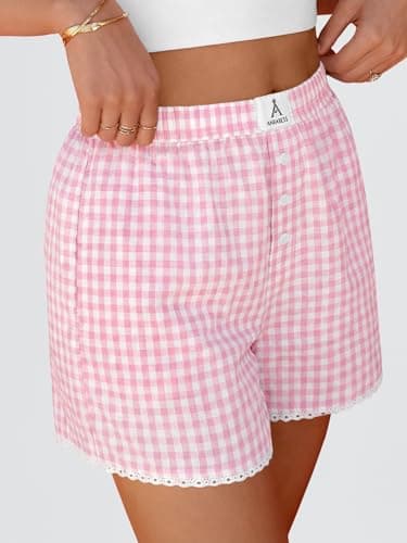 ANRABESS Boxer Shorts for Women 2026 Summer Pajama Gingham Pj Shorts Casual Lounge Sleep Plaid Y2K Beach Bottoms Outfits Pink White Plaid X-Large - Thumbnail 3