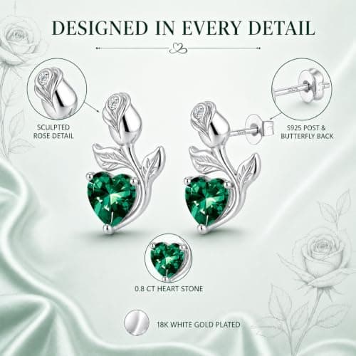 JACUPO 0.8CT Rose Heart Earrings Option of Sapphire Moissanite Stud Earrings Lab-Grown Earrings Birthstone Earrings for Women S925 Sterling Silver Post D Color VVS1 Clarity Ideal Gift for Wife Mother for Birthday Anniversary Valentine's Day Conveying I Love You Message (May Emerald Silver) - Thumbnail 2