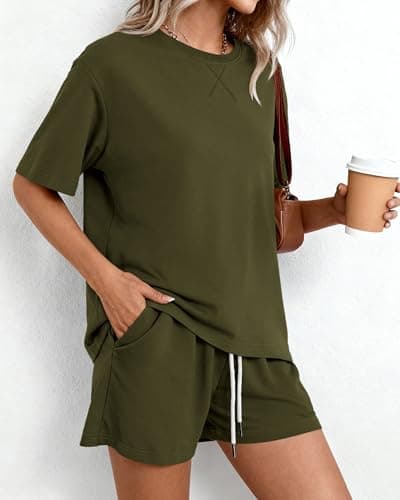 Zenlonr Women's Two Piece Lounge Sets 2026 Summer Casual Oversized Shirts Shorts Matching Airport Travel Outfit(Army Green,Large) - Thumbnail 4