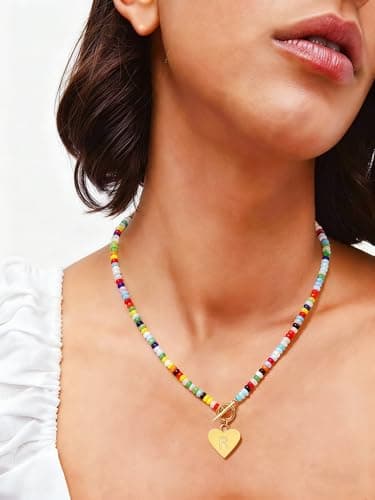 ARZASGO Initial Necklace for Women - Colorful Beaded Necklace Love Initial Letter Pendant Choker, Personalized A-Z Letter Necklaces Jewelry Gift - Thumbnail 4